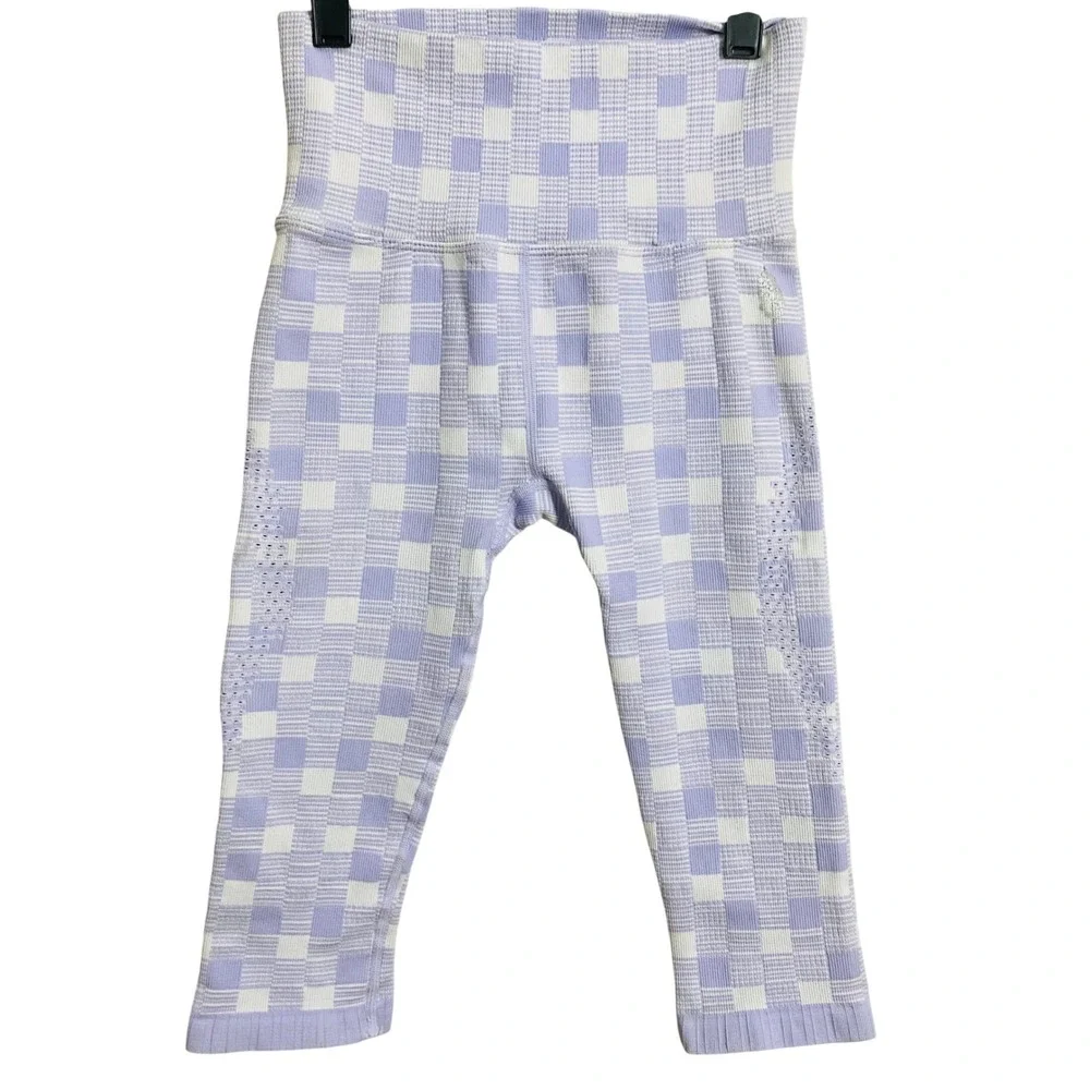 Free People Movement Super Stretch Purple‎ & White Plaid Athletic Capri Legging